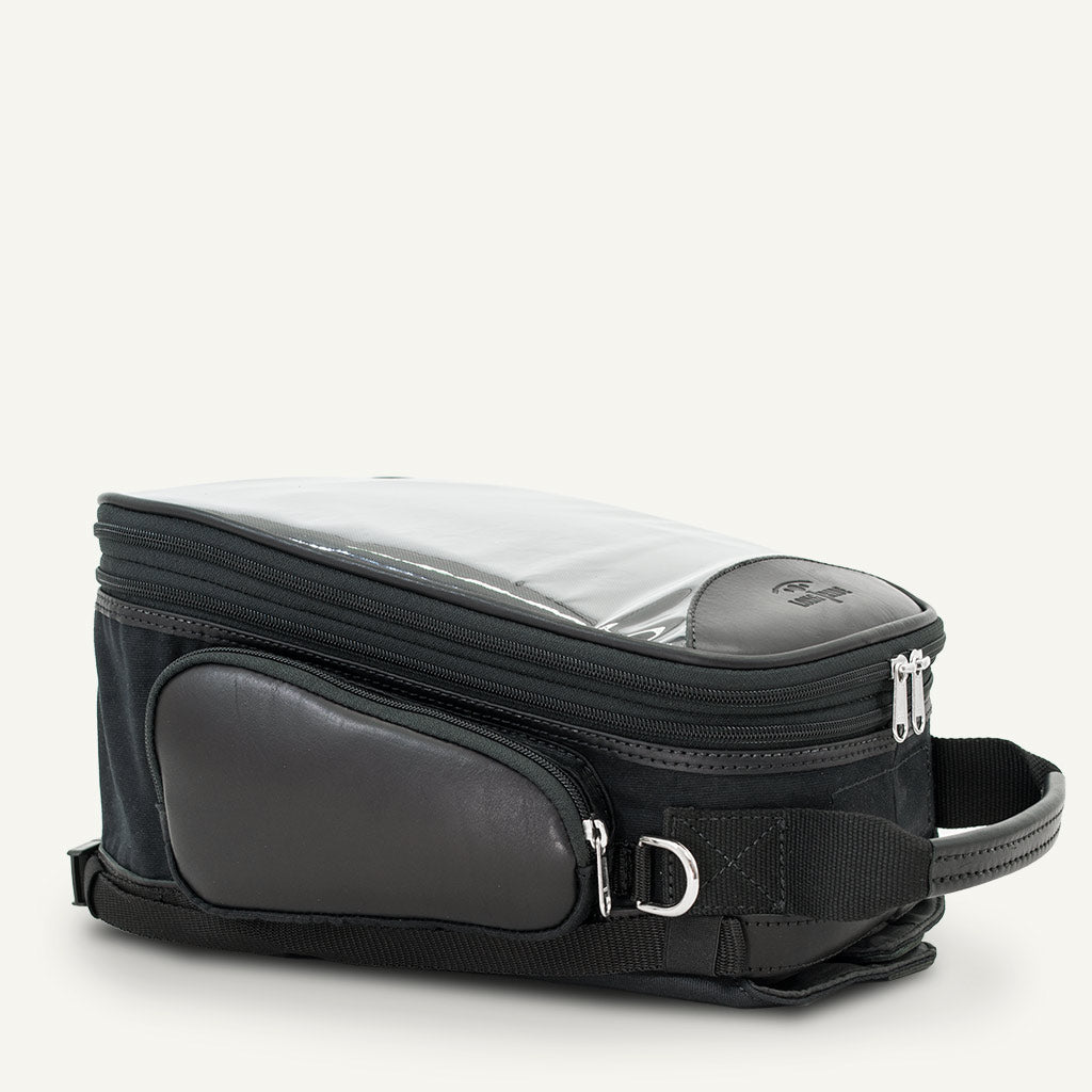 Black magnetic moto tank bag.