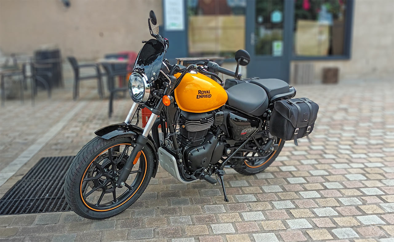 Royal Meteor 350 Yellow fireball with side bags.