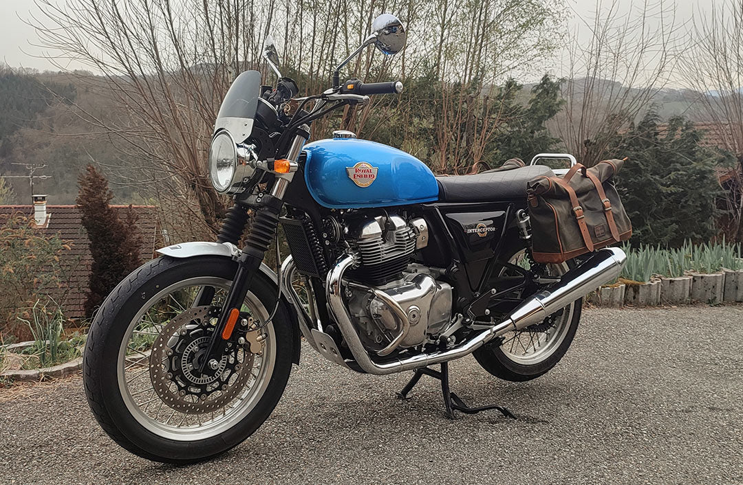 Ventura Blue Royal Enfield Interceptor with soft saddlebags.