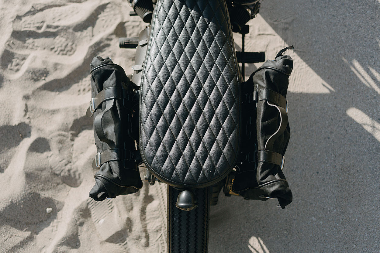 Saddlebags for brat cafe racer motorcycle.