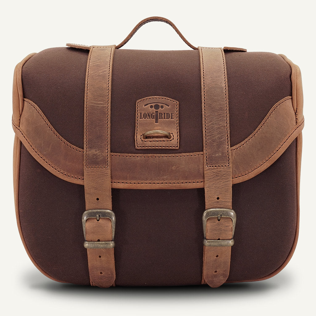 Cool brown panniers moto.