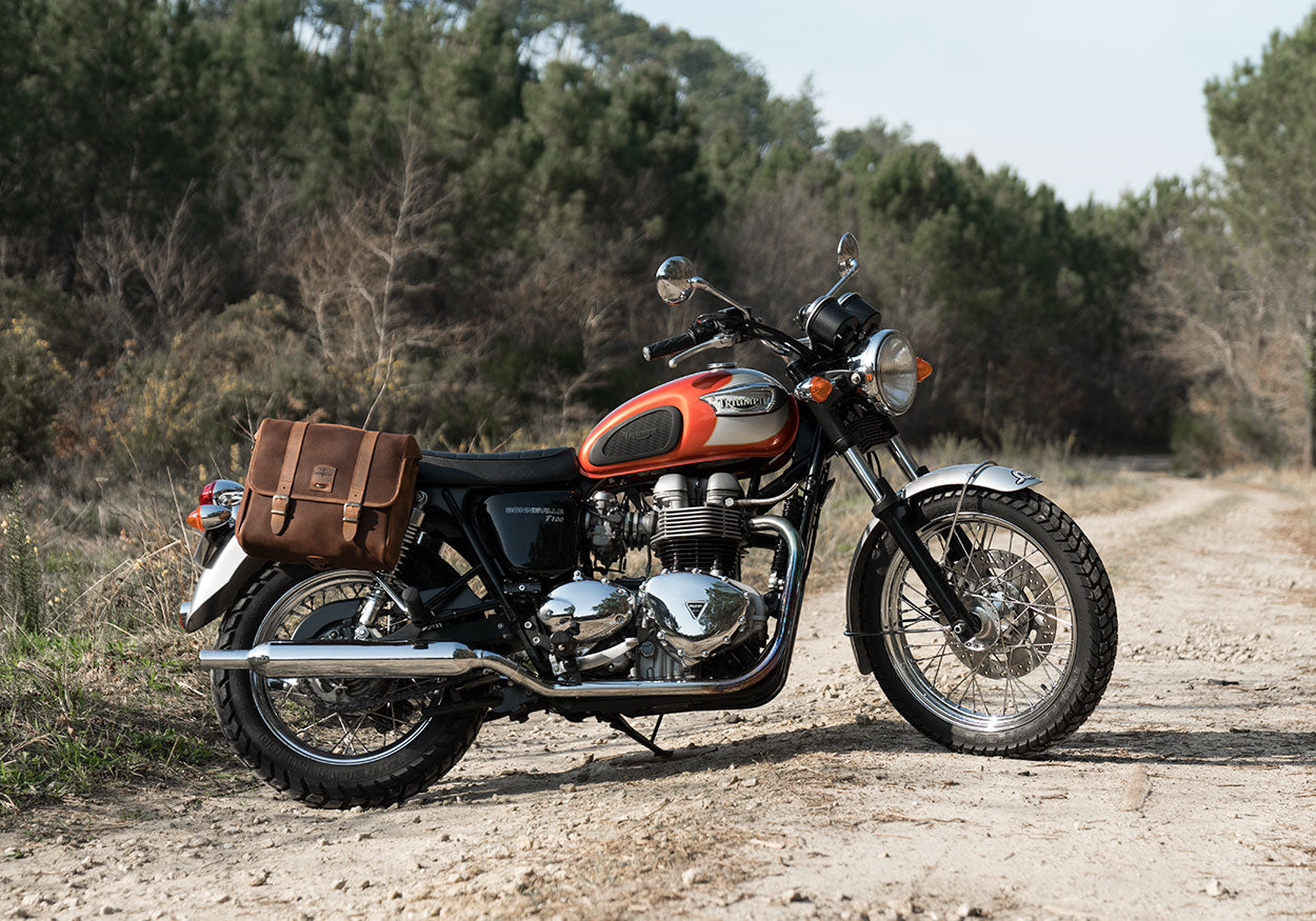 Cool Bonneville T100 with vintage saddlebag.