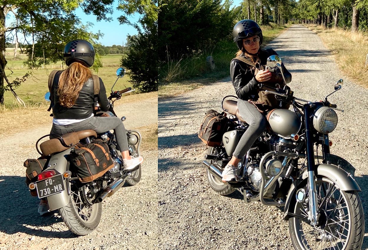 Royal Enfield with soft saddlebags.