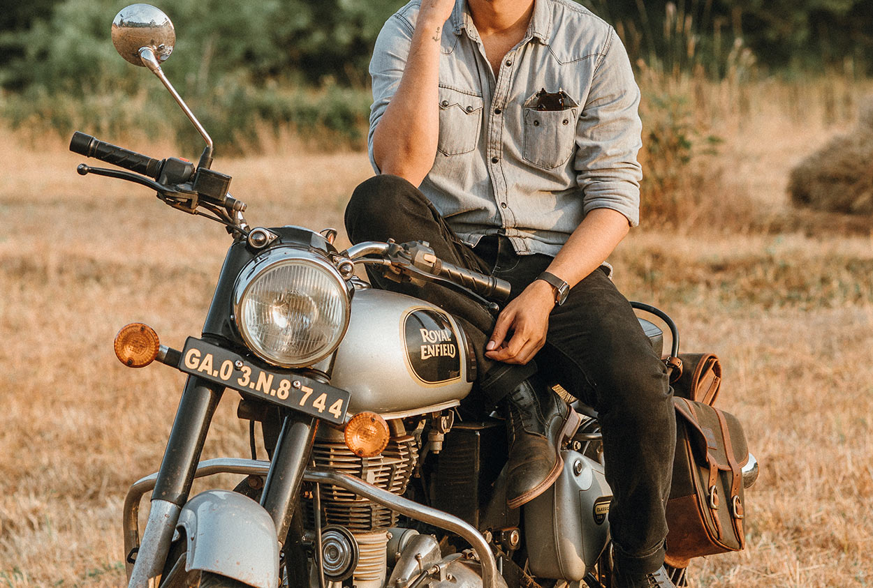 Beautiful royal enfield with saddlebag.