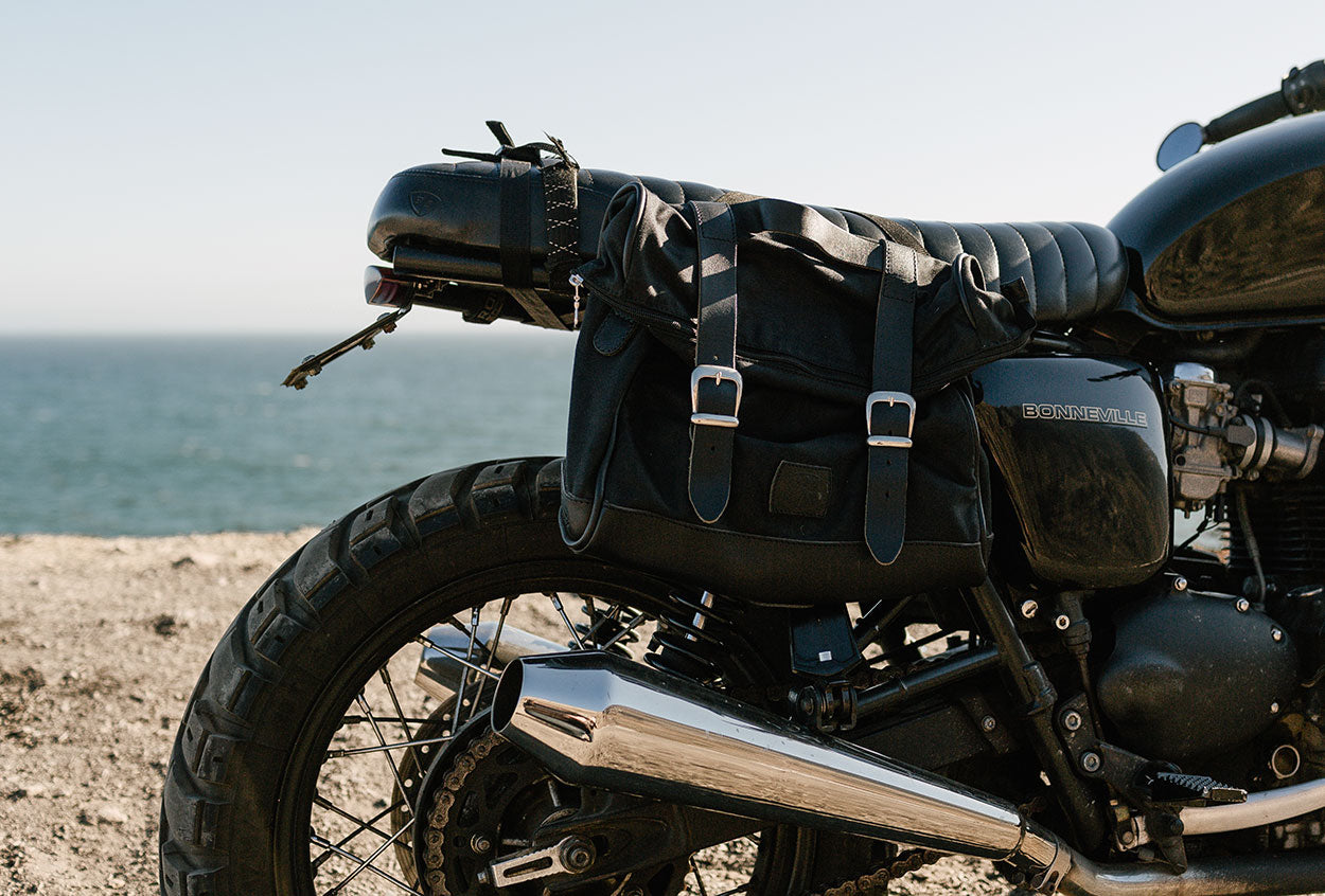 Waxed canvas saddlebag for cafe racer.