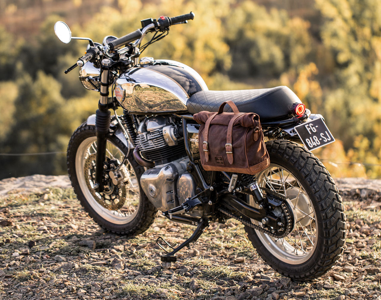 Cool waxed cotton saddlebag on royal enfield.
